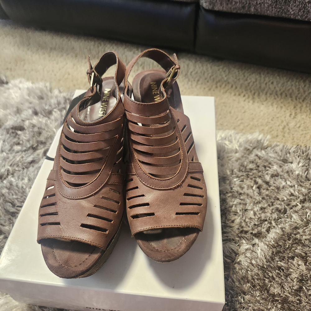 Nine West Brown Leather Cutout Peep-Toe Wedge Sandals